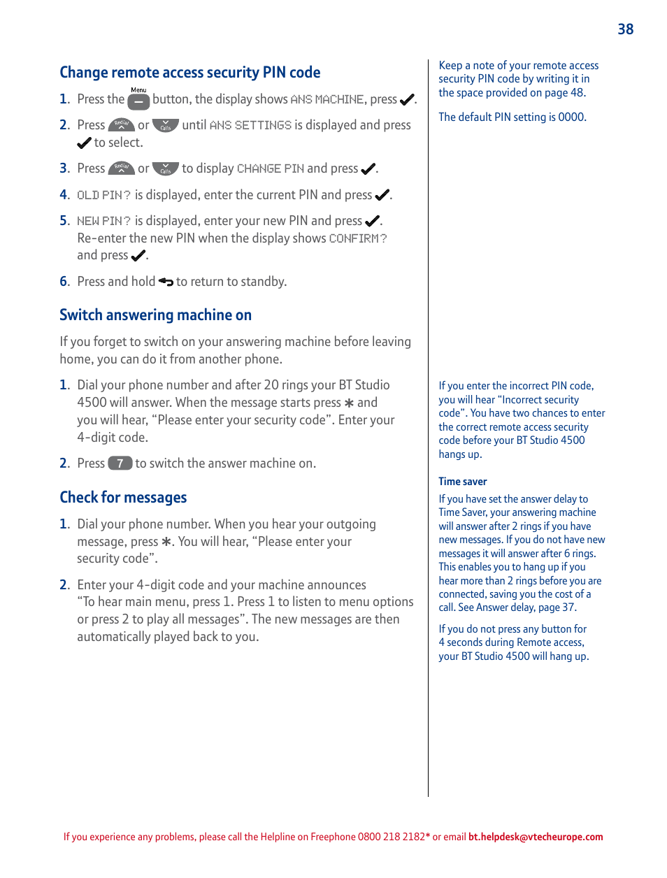Change remote access security pin code, Switch answering machine on, Check for messages | BT STUDIO 4500 User Manual | Page 38 / 50