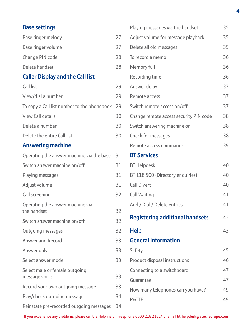 Base settings, Caller display and the call list, Answering machine | Bt services, Registering additional handsets, Help, General information | BT STUDIO 4500 User Manual | Page 4 / 50