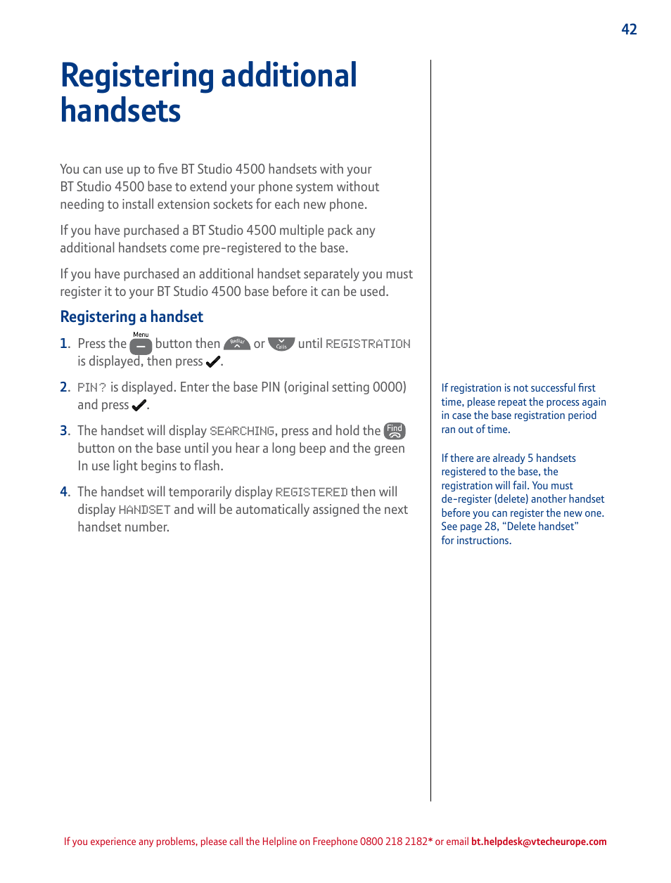 Registering additional handsets | BT STUDIO 4500 User Manual | Page 42 / 50