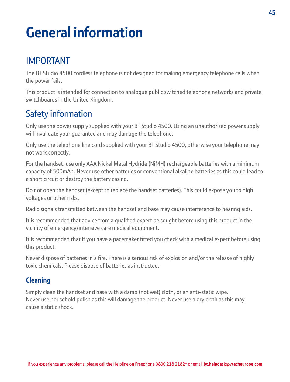 Safety, General information, Important | Safety information | BT STUDIO 4500 User Manual | Page 45 / 50