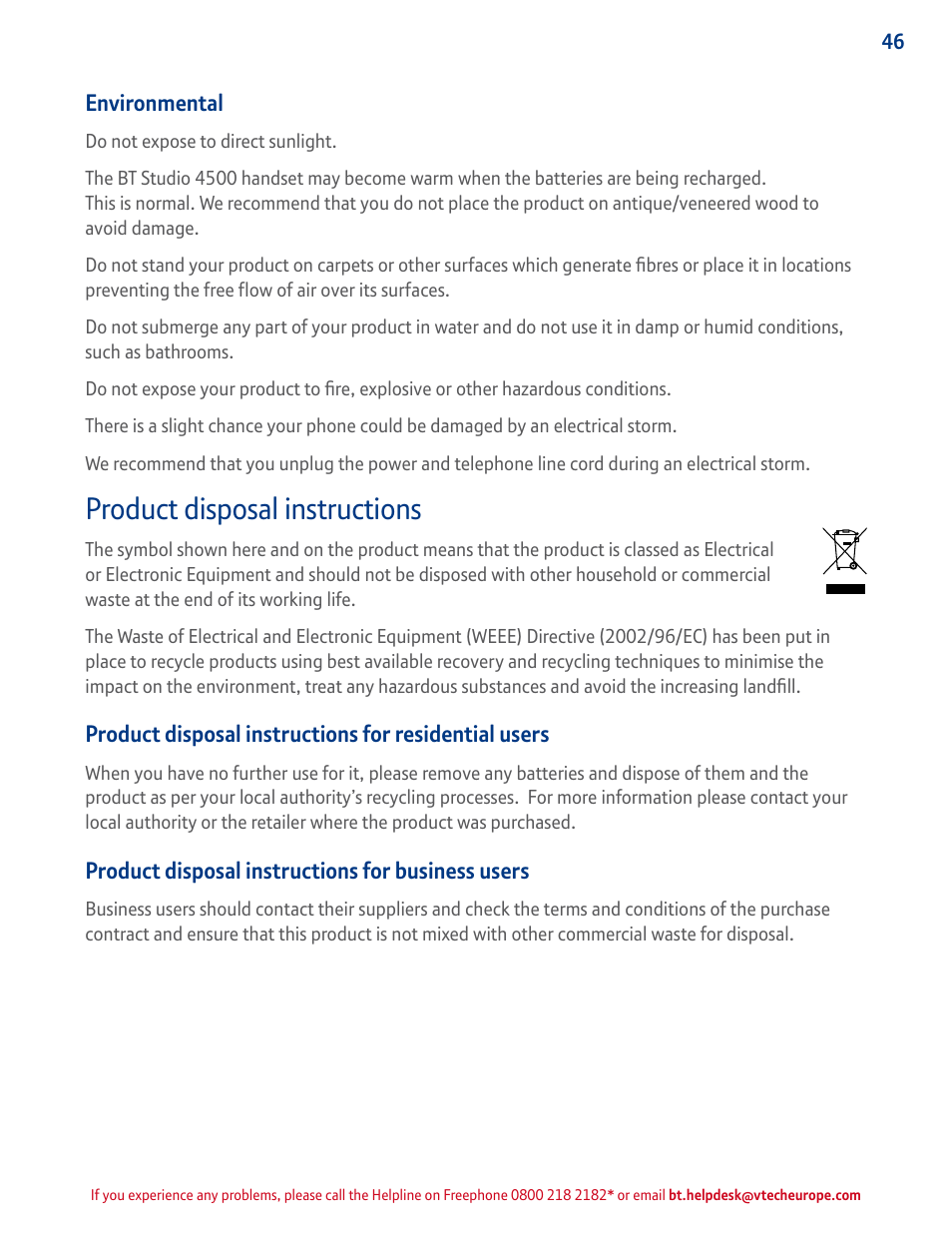 Product disposal instructions | BT STUDIO 4500 User Manual | Page 46 / 50
