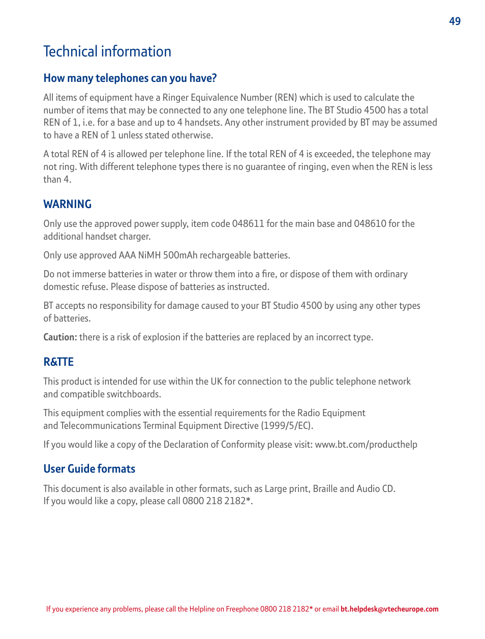 How many telephones can you have, R&tte, Technical information | BT STUDIO 4500 User Manual | Page 49 / 50