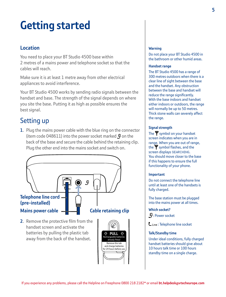 Location, Setting up, Getting started | Mains power cable cable retaining clip, Telephone line cord (pre-installed) | BT STUDIO 4500 User Manual | Page 5 / 50