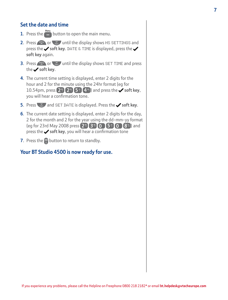 Set the date and time, Your bt studio 4500 is now ready for use | BT STUDIO 4500 User Manual | Page 7 / 50
