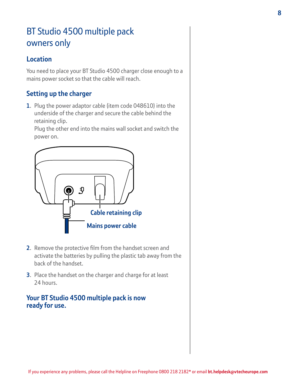Setting up the charger, Bt studio 4500 multiple pack owners only | BT STUDIO 4500 User Manual | Page 8 / 50