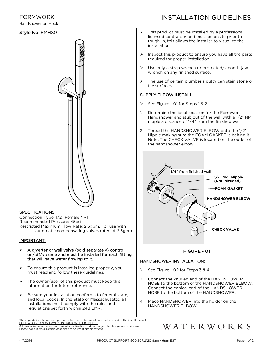 Waterworks Formwork Handshower On Hook with Metal Handle User Manual | 2 pages