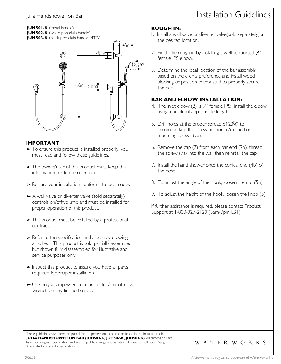 Waterworks Julia Handshower On Bar with White Porcelain Handle User Manual | 2 pages