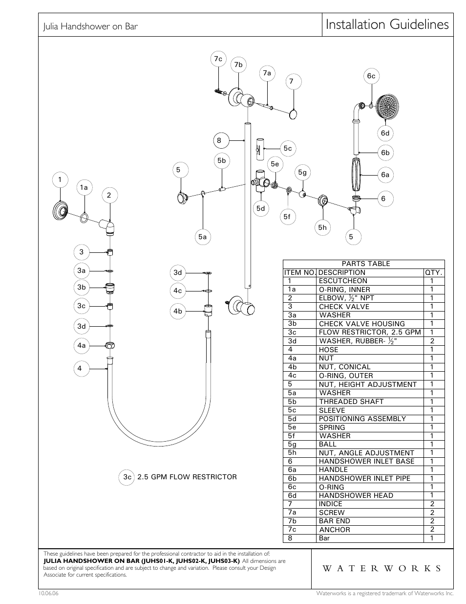 Installation guidelines, Julia handshower on bar | Waterworks Julia Handshower On Bar with White Porcelain Handle User Manual | Page 2 / 2