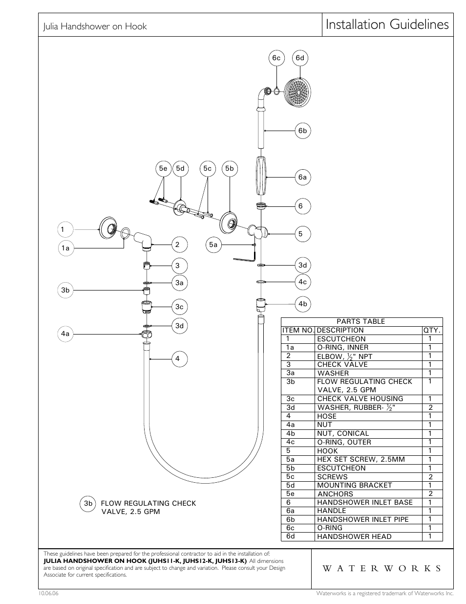 Installation guidelines, Julia handshower on hook | Waterworks Julia Handshower On Hook with White Porcelain Handle User Manual | Page 2 / 2
