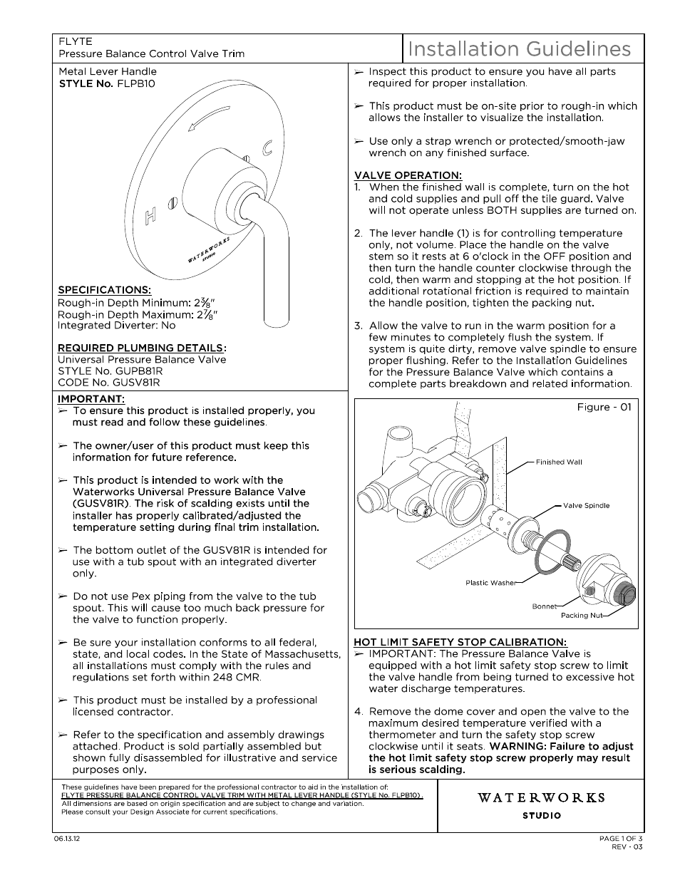 Waterworks Flyte Pressure Balance Control Valve Trim with Metal Lever Handle User Manual | 10 pages