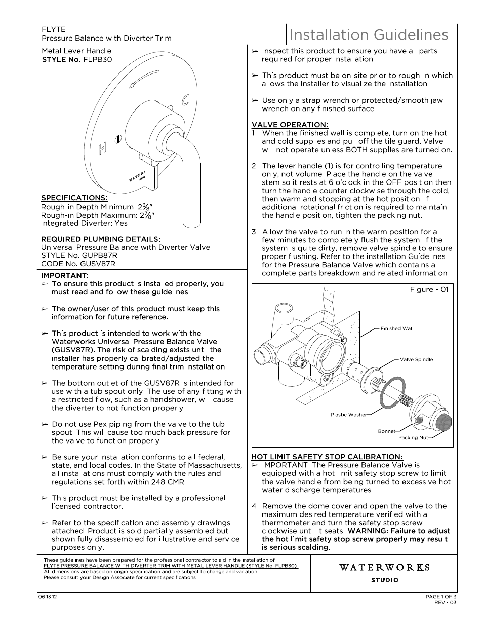 Waterworks Flyte Pressure Balance with Diverter Trim with Metal Lever Handle User Manual | 10 pages