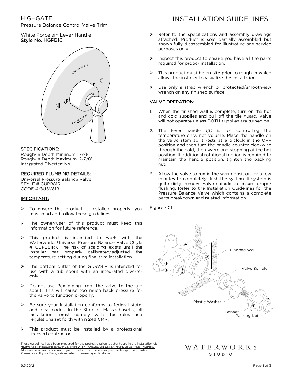 Waterworks Highgate Pressure Balance Control Valve Trim with White Porcelain Lever Handle User Manual | 9 pages