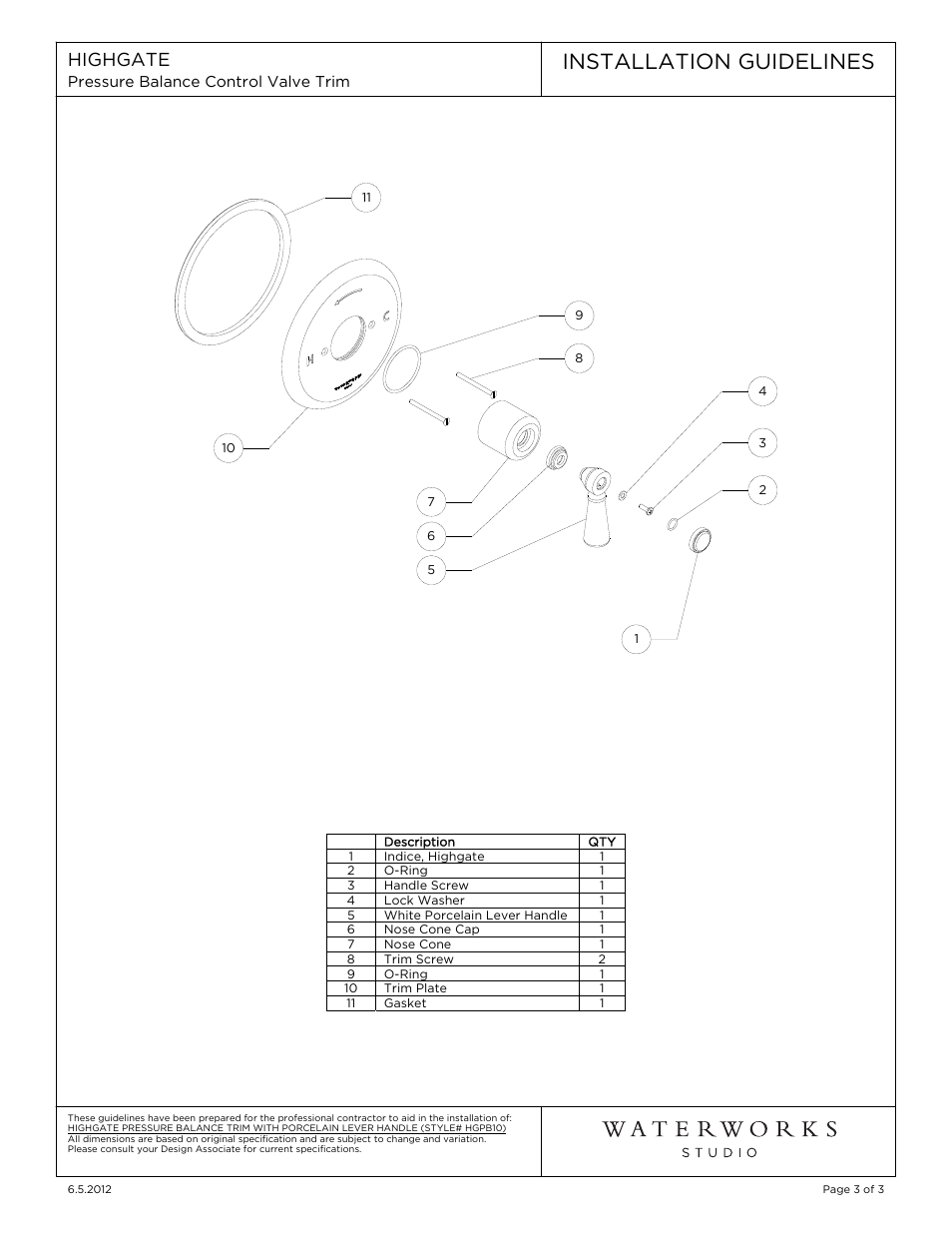 Installation guidelines, Highgate | Waterworks Highgate Pressure Balance Control Valve Trim with White Porcelain Lever Handle User Manual | Page 3 / 9