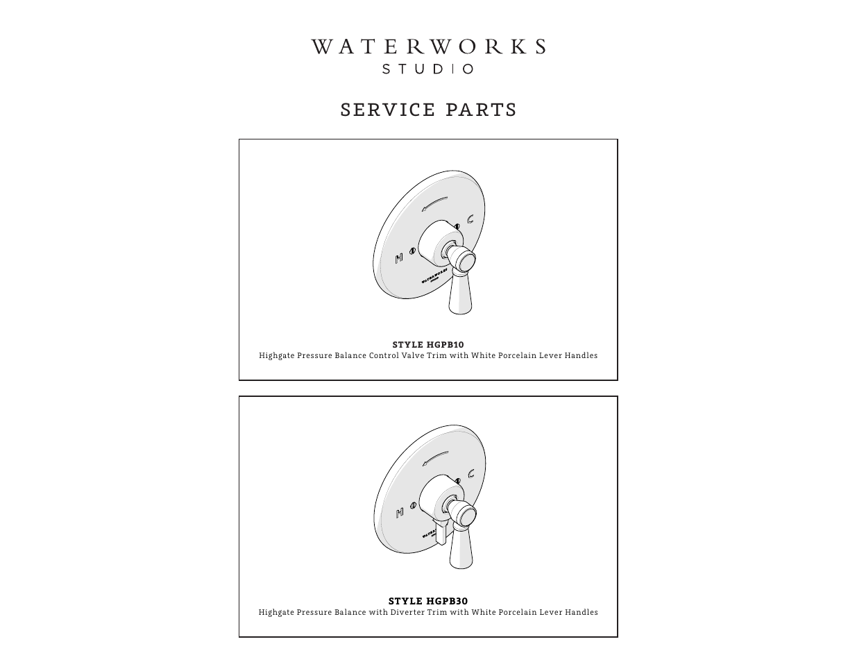 Serv ice pa rts | Waterworks Highgate Pressure Balance Control Valve Trim with White Porcelain Lever Handle User Manual | Page 4 / 9