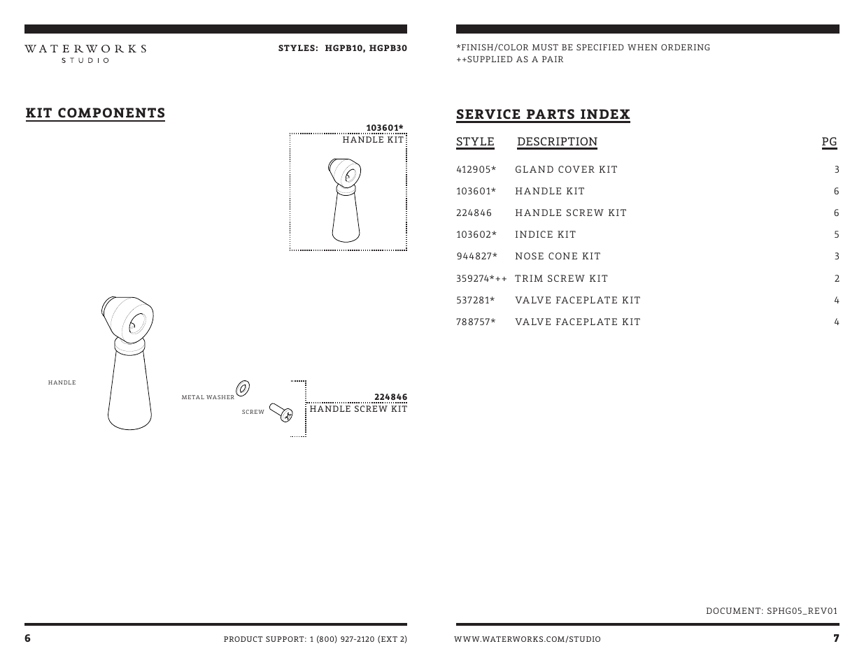 Service parts index, Kit components | Waterworks Highgate Pressure Balance Control Valve Trim with White Porcelain Lever Handle User Manual | Page 8 / 9