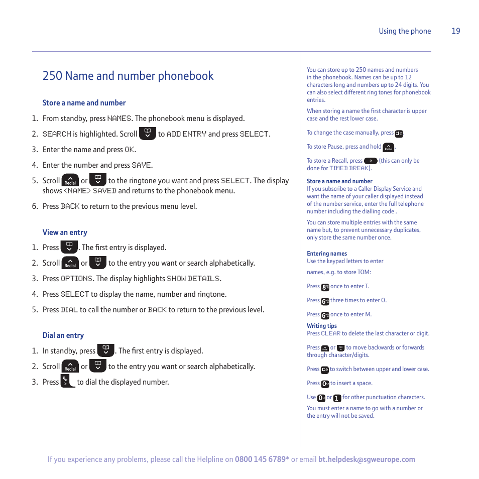 250 name and number phonebook | BT 5500 User Manual | Page 19 / 68