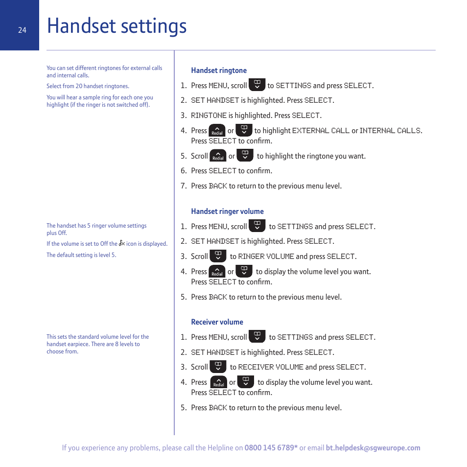 Handset settings | BT 5500 User Manual | Page 24 / 68