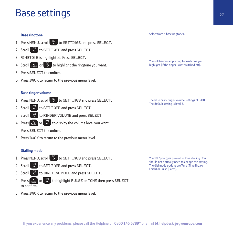 Base settings | BT 5500 User Manual | Page 27 / 68