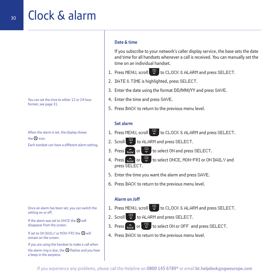 Clock & alarm | BT 5500 User Manual | Page 30 / 68