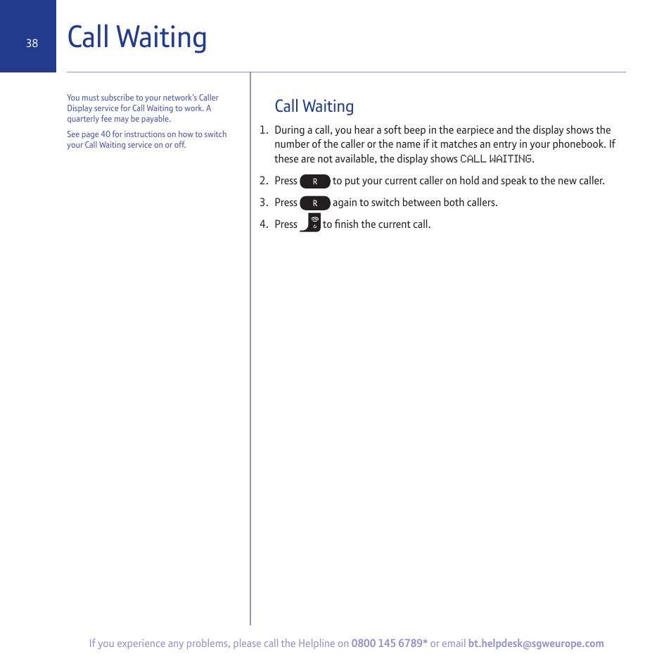 Call waiting | BT 5500 User Manual | Page 38 / 68