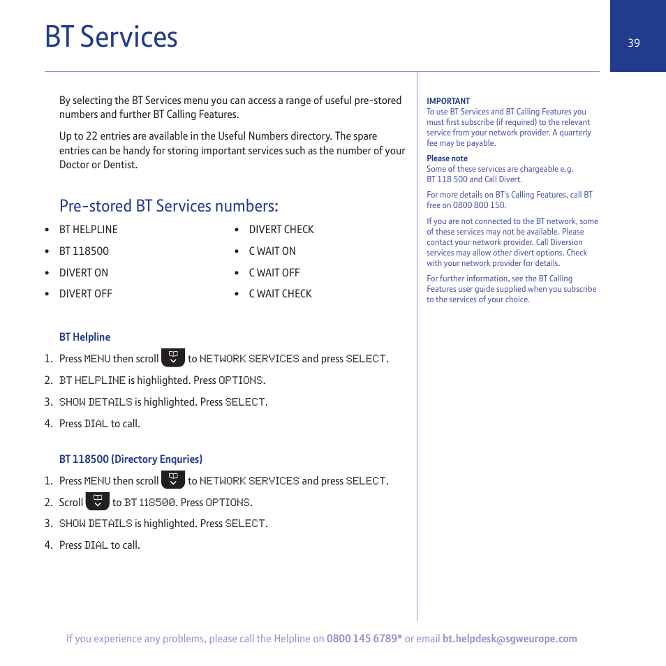 Bt services, Pre-stored bt services numbers | BT 5500 User Manual | Page 39 / 68