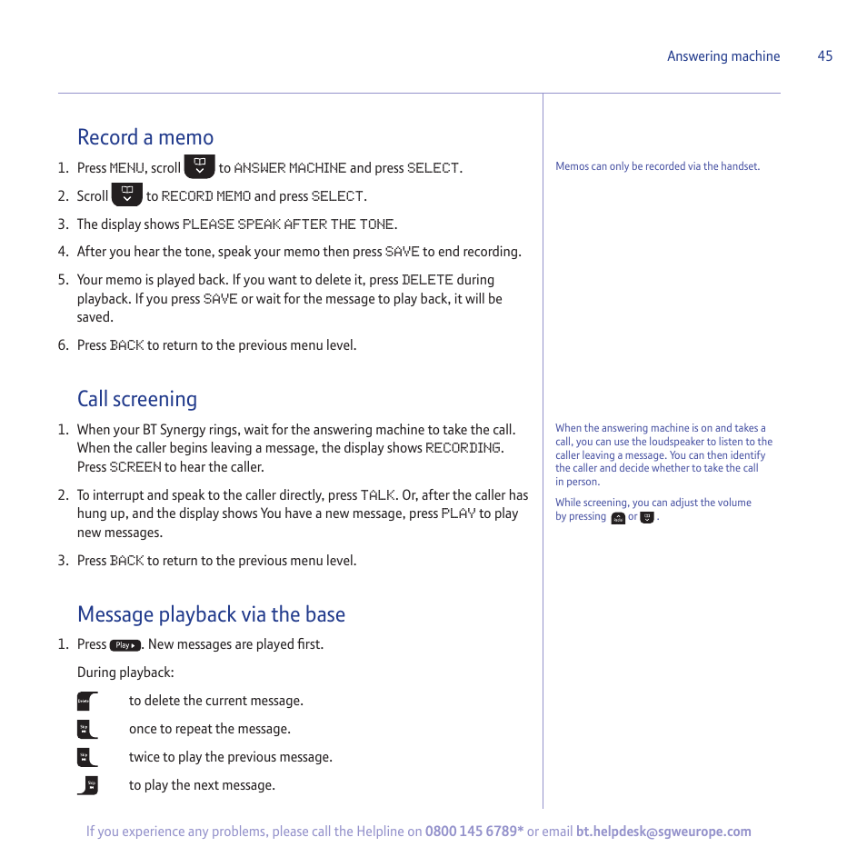 Call screening, Message playback via the base | BT 5500 User Manual | Page 45 / 68