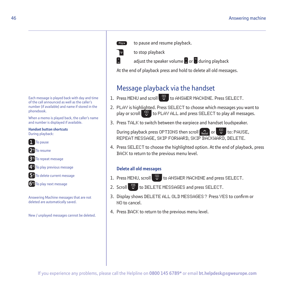 Message playback via the handset | BT 5500 User Manual | Page 46 / 68