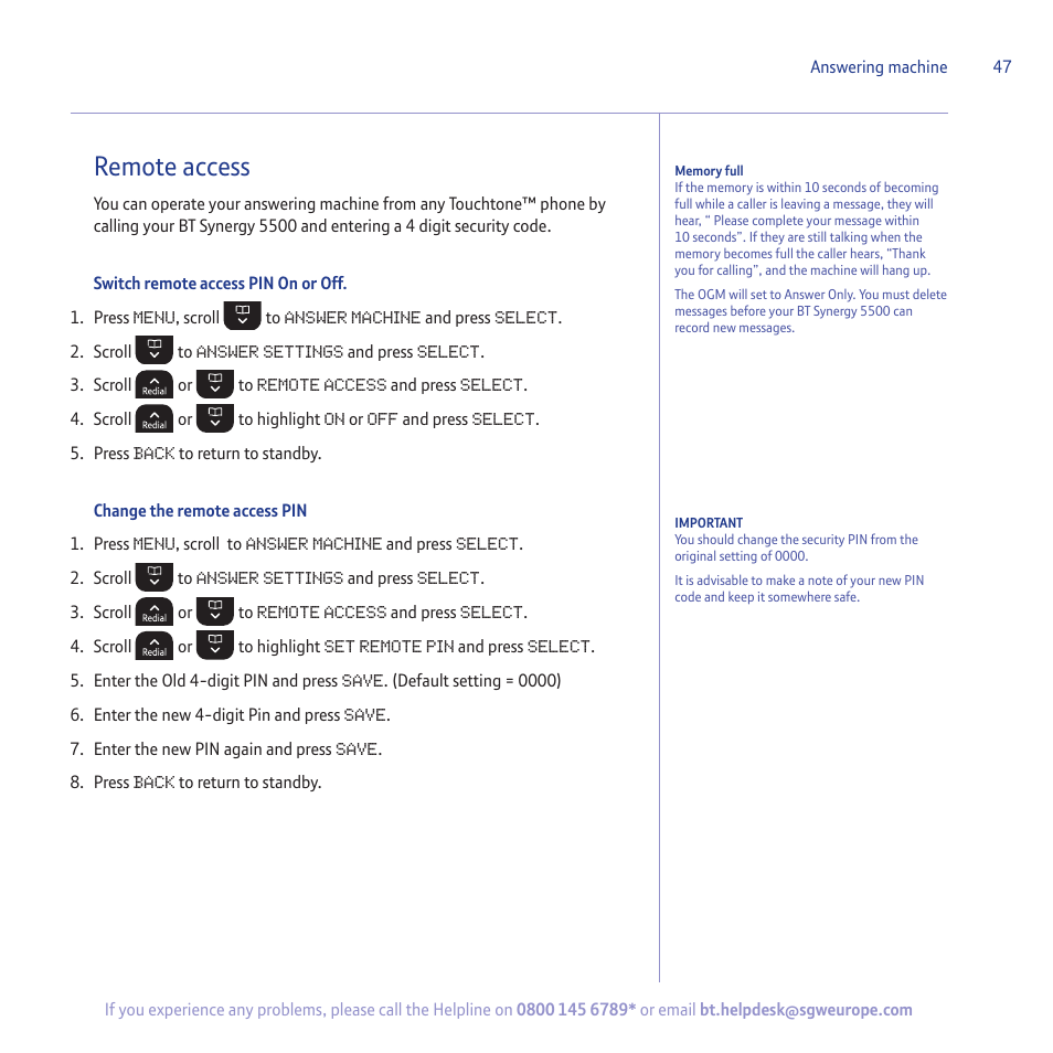 Remote access | BT 5500 User Manual | Page 47 / 68