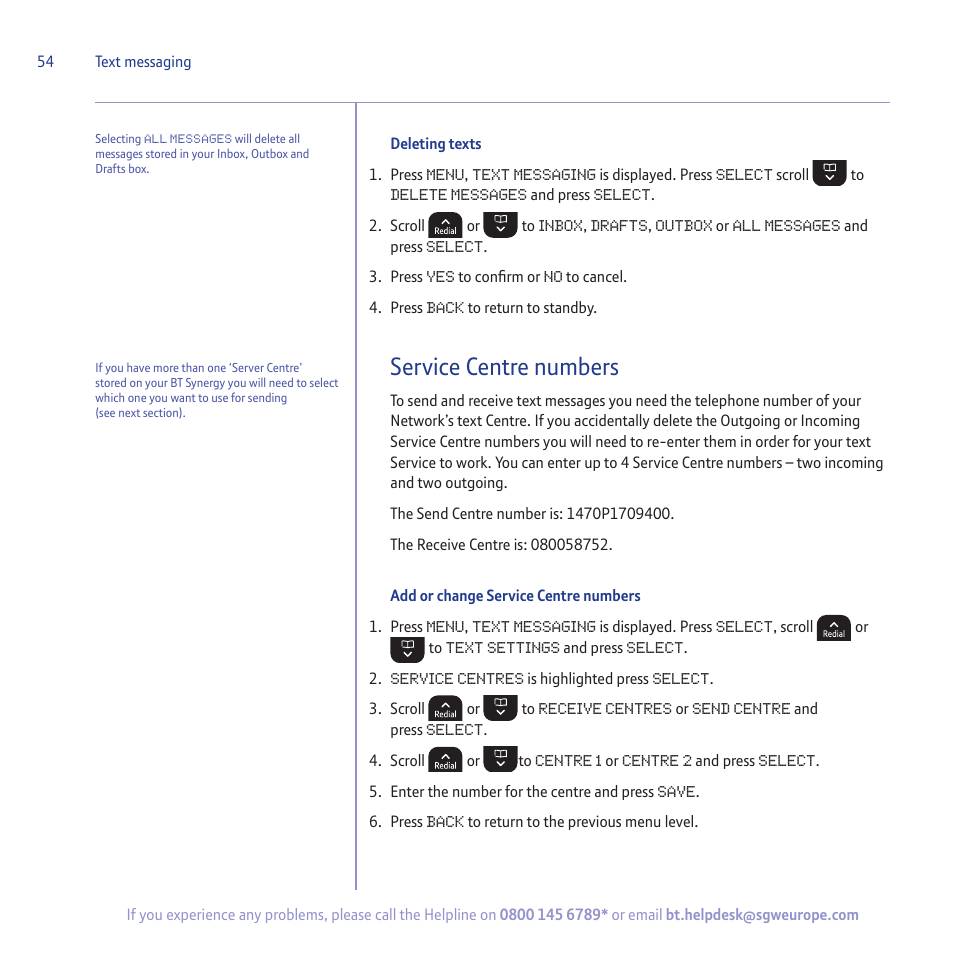 Service centre numbers | BT 5500 User Manual | Page 54 / 68