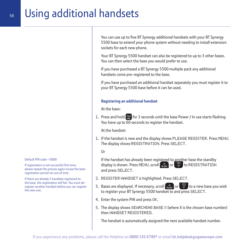 Using additional handsets | BT 5500 User Manual | Page 56 / 68