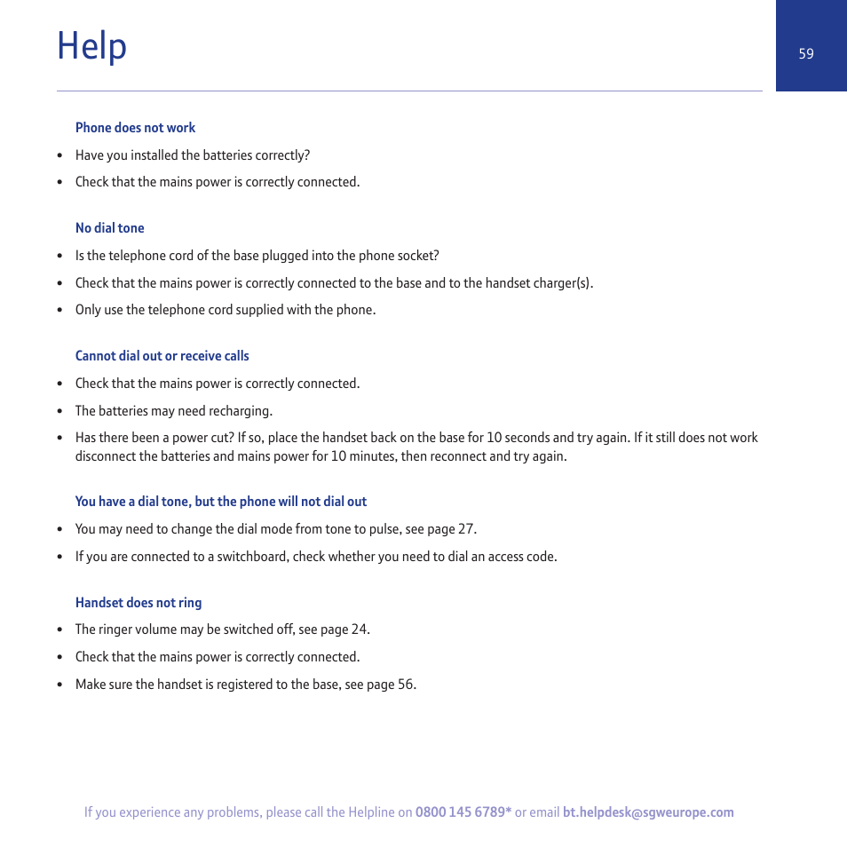 Help | BT 5500 User Manual | Page 59 / 68