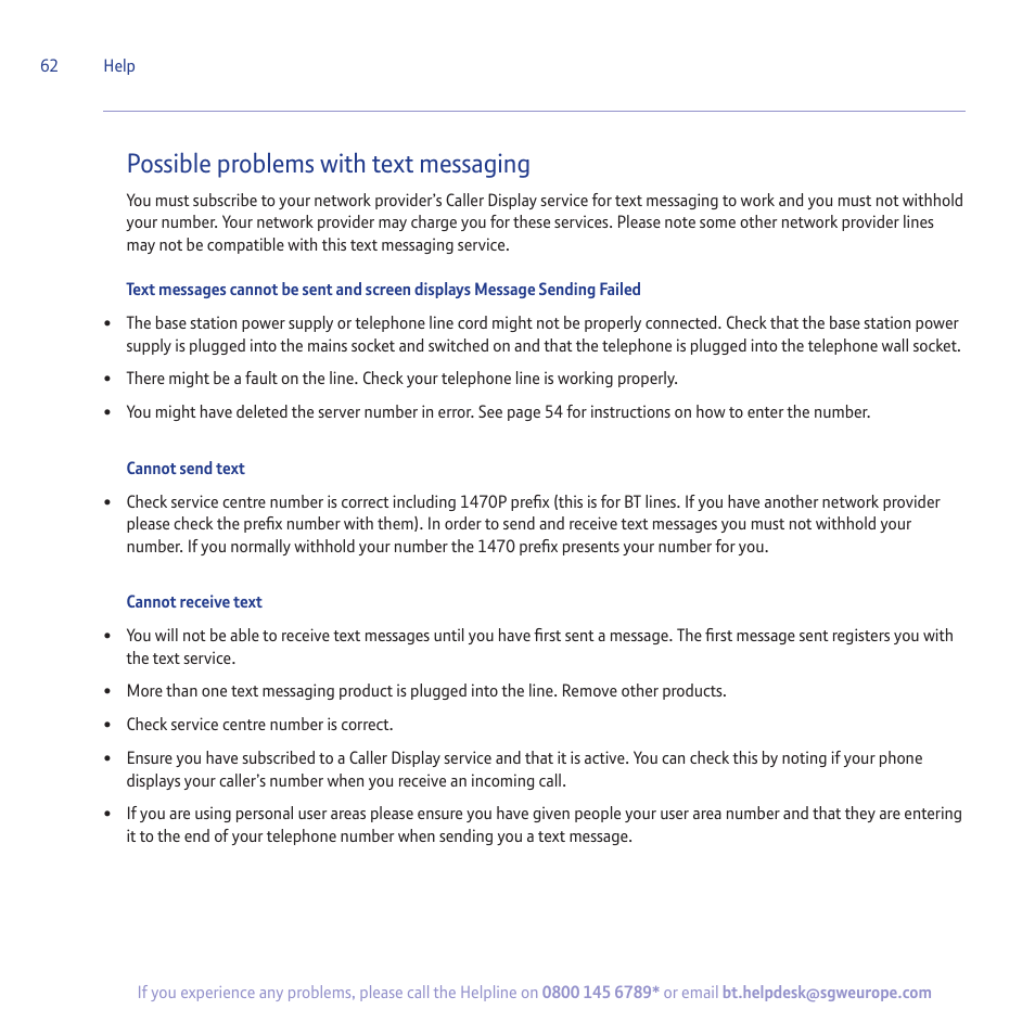 Possible problems with text messaging | BT 5500 User Manual | Page 62 / 68