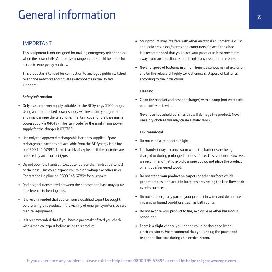 General information, Important | BT 5500 User Manual | Page 65 / 68