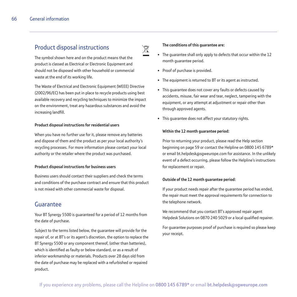 Product disposal instructions, Guarantee | BT 5500 User Manual | Page 66 / 68