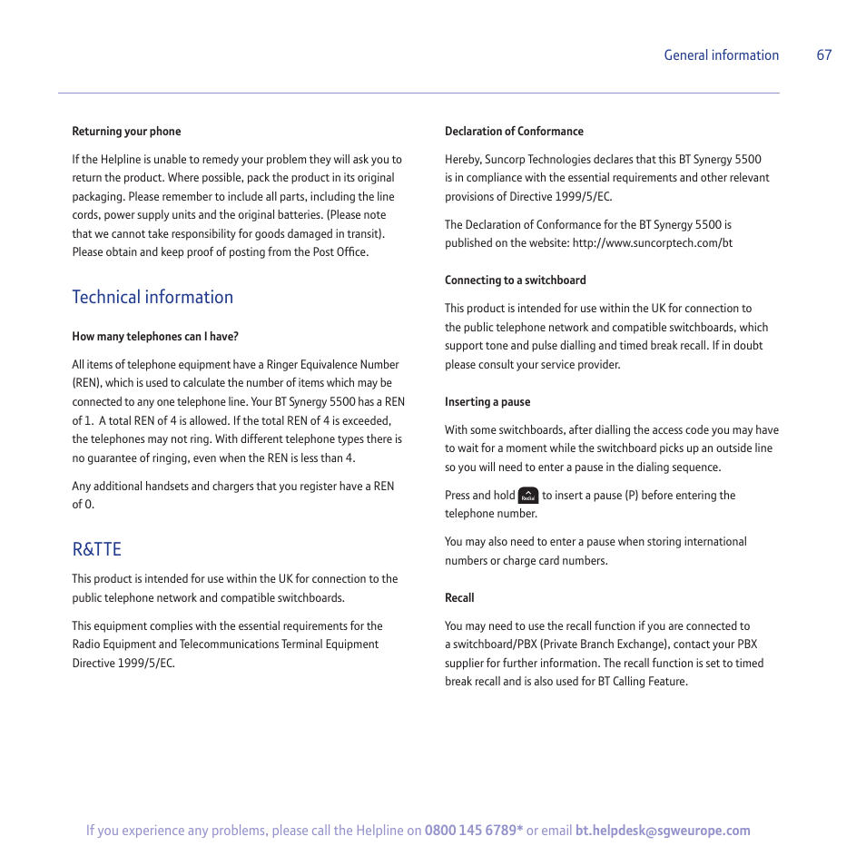 Technical information, R&tte | BT 5500 User Manual | Page 67 / 68