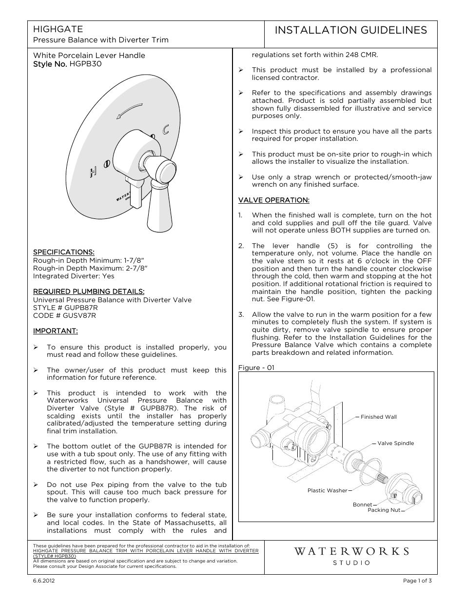 Waterworks Highgate Pressure Balance with Diverter Trim with White Porcelain Lever Handle User Manual | 9 pages