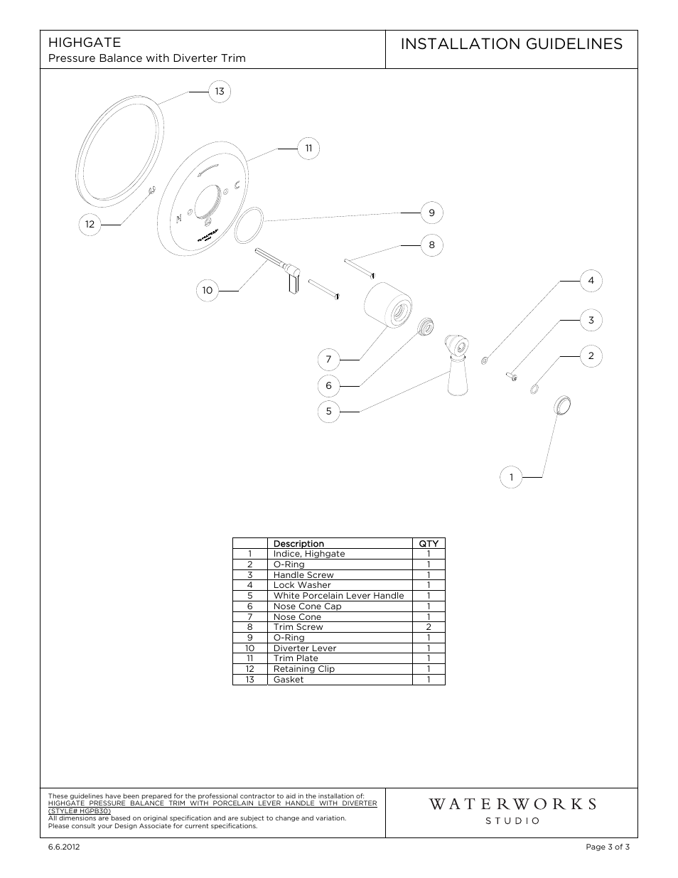 Installation guidelines, Highgate | Waterworks Highgate Pressure Balance with Diverter Trim with White Porcelain Lever Handle User Manual | Page 3 / 9