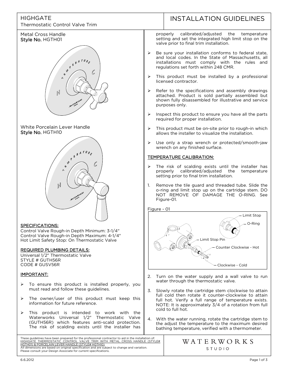 Waterworks Highgate Thermostatic Control Valve Trim with White Porcelain Lever Handle User Manual | 8 pages