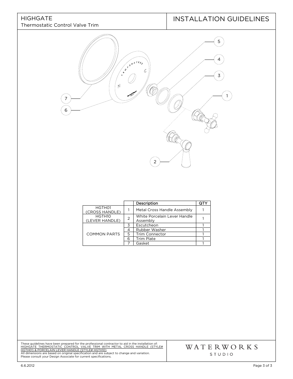 Installation guidelines | Waterworks Highgate Thermostatic Control Valve Trim with White Porcelain Lever Handle User Manual | Page 3 / 8