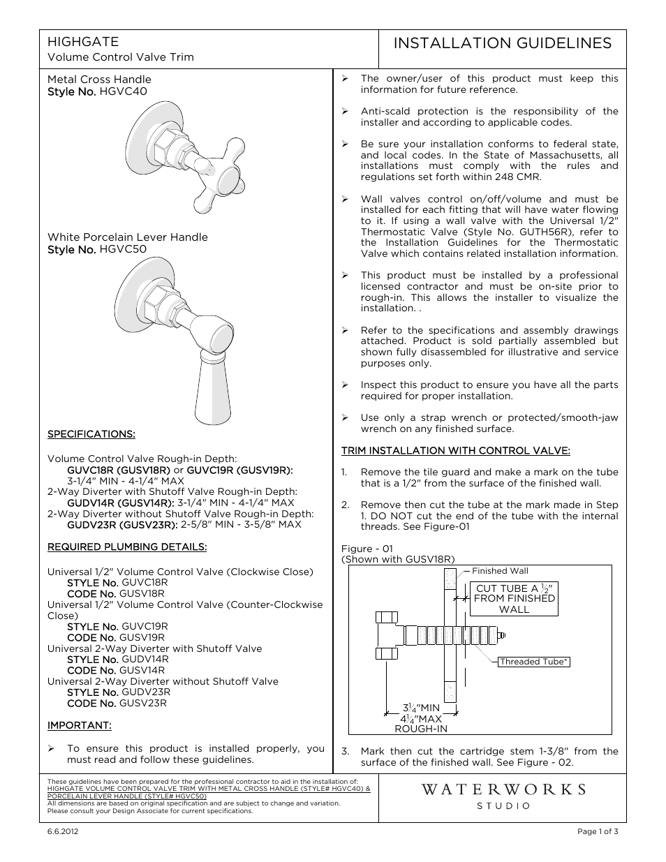 Waterworks Highgate Volume Control Valve Trim with White Porcelain Lever Handle User Manual | 8 pages