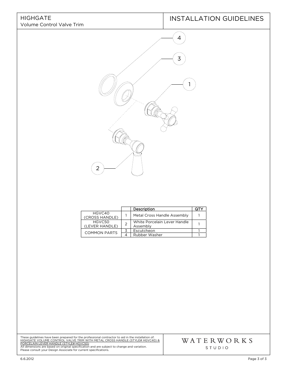 Installation guidelines | Waterworks Highgate Volume Control Valve Trim with White Porcelain Lever Handle User Manual | Page 3 / 8