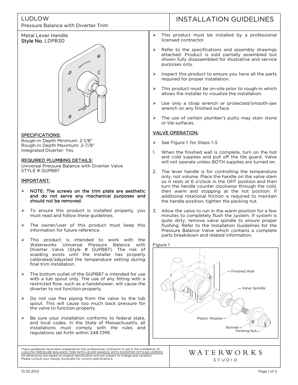 Waterworks Ludlow Pressure Balance with Diverter Trim with Metal Lever Handle User Manual | 3 pages