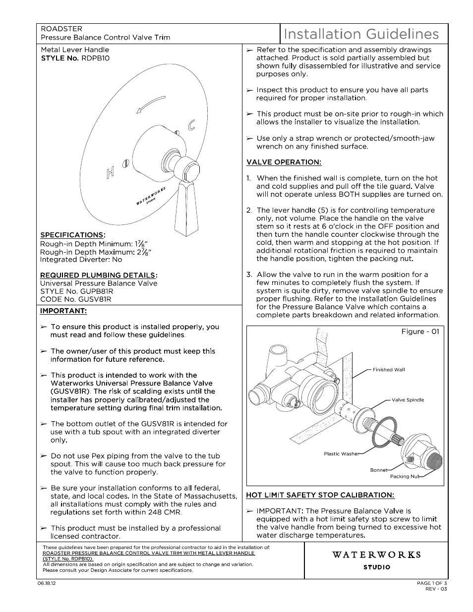 Waterworks Roadster Pressure Balance Control Valve Trim with Metal Lever Handle User Manual | 10 pages