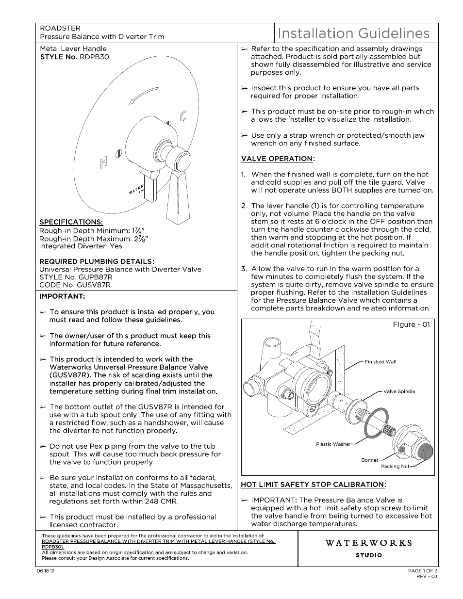 Waterworks Roadster Pressure Balance with Diverter Trim with Metal Lever Handle User Manual | 10 pages