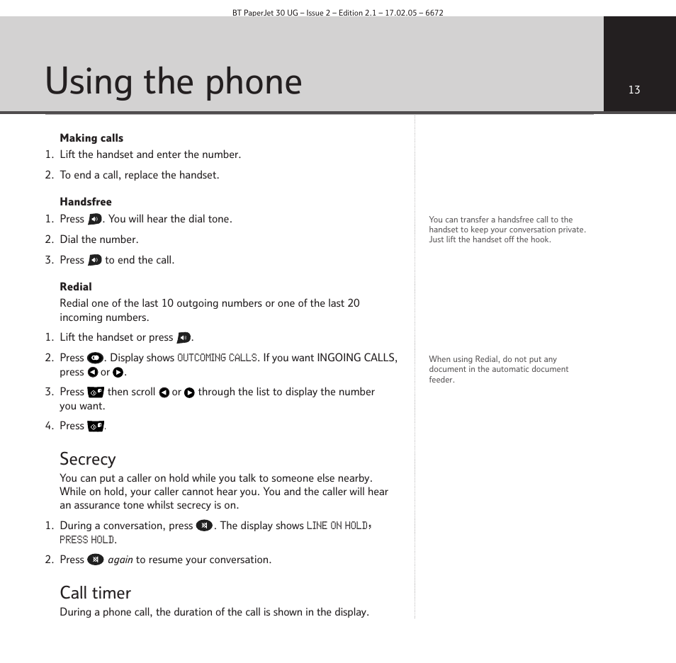 Using the phone, Secrecy, Call timer | BT PAPERJET 30 User Manual | Page 13 / 64