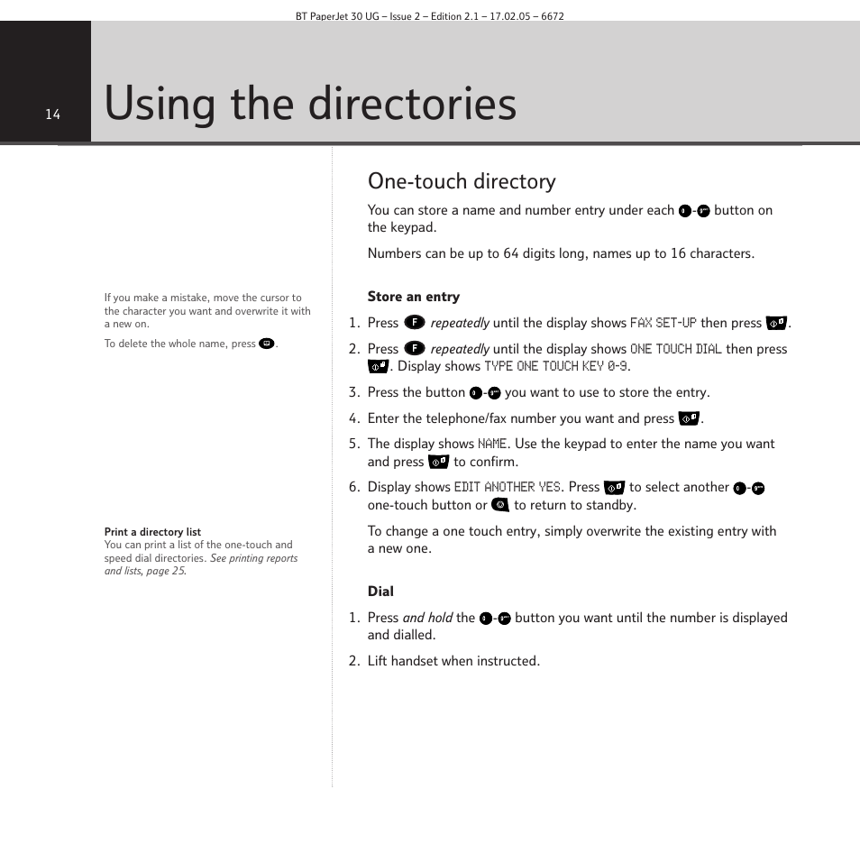 Using the directories, One-touch directory | BT PAPERJET 30 User Manual | Page 14 / 64