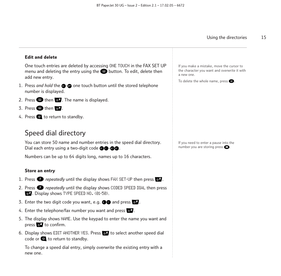 Speed dial directory | BT PAPERJET 30 User Manual | Page 15 / 64