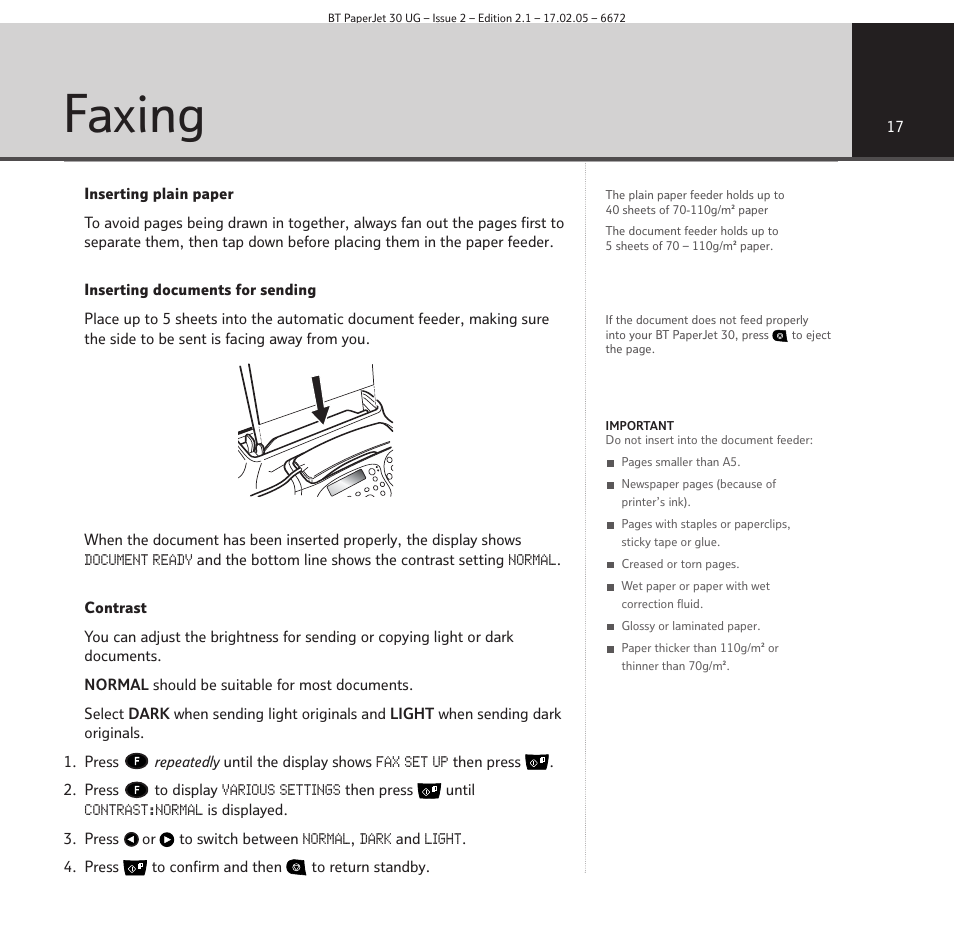 Faxing | BT PAPERJET 30 User Manual | Page 17 / 64