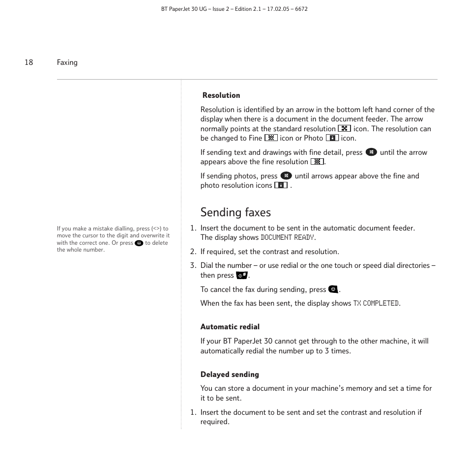 Sending faxes | BT PAPERJET 30 User Manual | Page 18 / 64