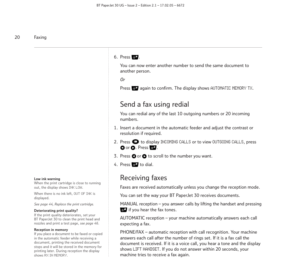 Send a fax using redial, Receiving faxes | BT PAPERJET 30 User Manual | Page 20 / 64